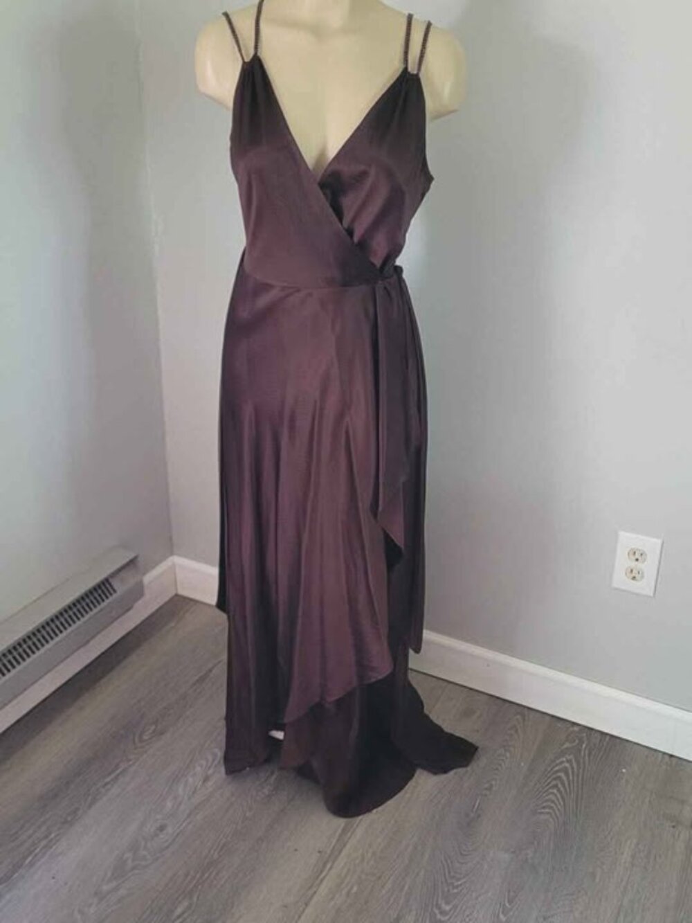 BCBG Max Azria Brown 100% silk dress wrap rhinestone straps size small